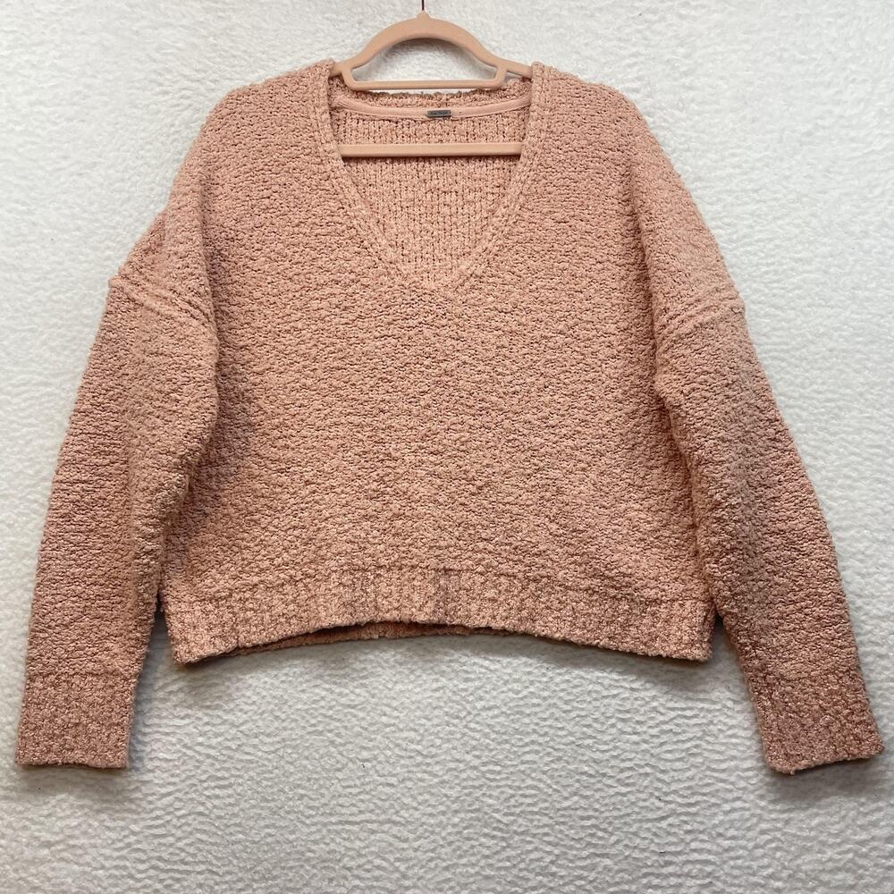 Free People Sweater Womens Small Pink Textured Boucle Knit V Neck Pullover Cozy